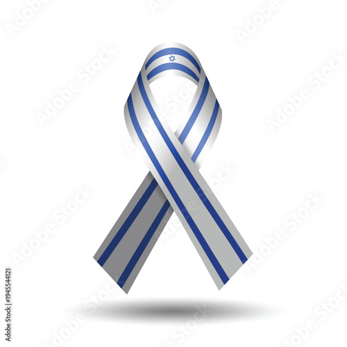 Israel awareness ribbon with national flag colors isolated on white background. 3d illustration