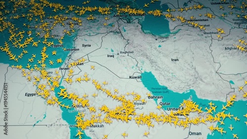 Air Traffic Map On Computer Screen Showing Flights Avoiding Iran And Middle East Airspace Timelapse