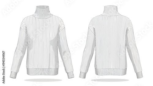 Elegant white ribbed turtleneck sweater flat vector illustration showcasing front and back views