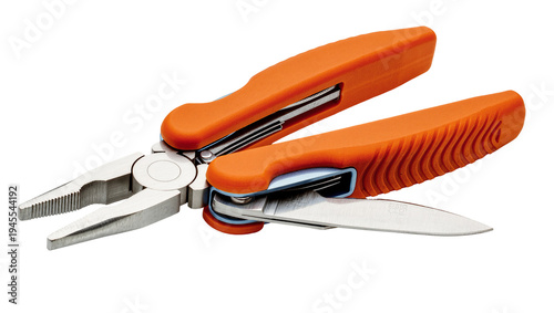 Isolated orange handle multi-tool with needle nose pliers and partially open knife blade for utility