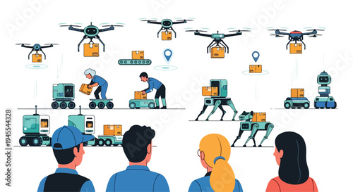 Flat 2D illustration of people watching AI-powered automation and drones replacing traditional jobs with efficient logistics and delivery concept