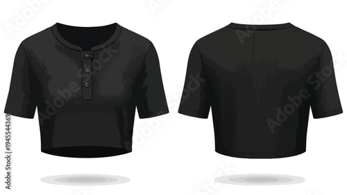 Versatile ribbed black henley crop top illustration showing front and back views perfect for fashion design concepts and apparel mockups with modern