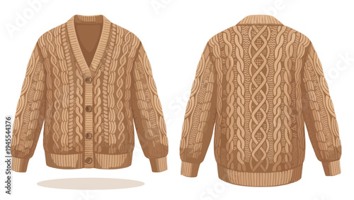 Digital artwork of a cozy brown cable knit cardigan, front and back, displaying intricate textures and a timeless design, perfect for comfy seasonal