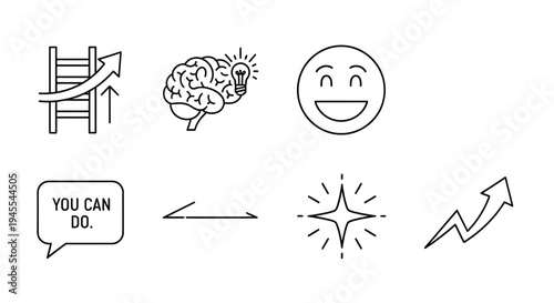 Set of eight growth and success outline icons with arrows, brain, speech bubble, and happy face