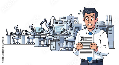 A worried businessman in a white shirt and blue tie holds a newspaper in front of a futuristic office background with robots replacing human workers at desks in a flat 2D illustration with