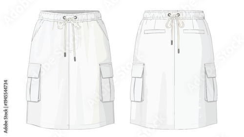Technical flat drawing of a white cargo mini skirt with drawstring waist and patch pockets. Front and back views for apparel design needs.