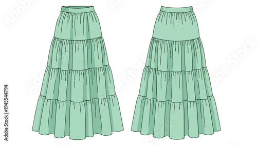 Fashion technical drawing of a flowing multi-tiered maxi skirt in soft mint green, illustrating garment design details for professional apparel
