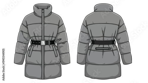 Detailed technical illustration of a sleek grey puffer jacket with a stylish belt featuring both front and back views a versatile apparel design
