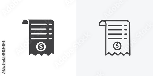 paper check receipt icon vector sign symbol isolated on white. Stroke and clipart style