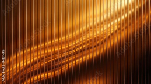 Diagonal golden ribbed glass texture with layered glowing waves and vertical reflective lines creating abstract luxury background design