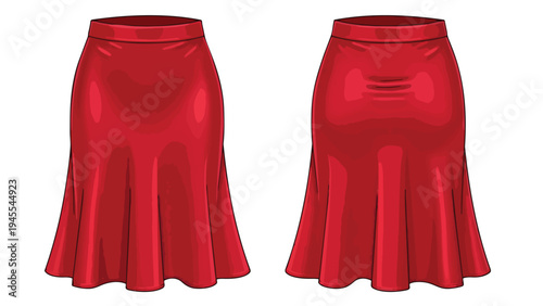 Vibrant Red Flared Midi Skirt Fashion Illustration with Front and Back Views for Design
