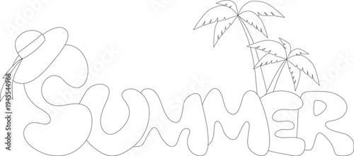 The word "summer" written by hand, outline vector illustration on the theme of vacation