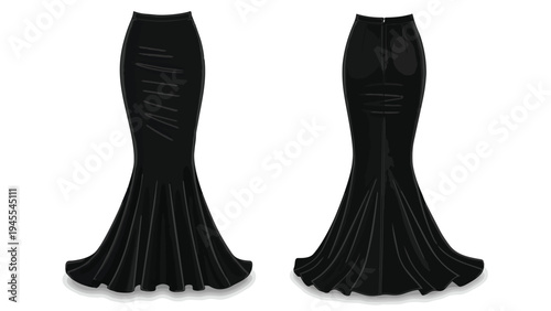 Detailed vector illustration showcasing a sophisticated black mermaid style skirt from both front and rear perspectives, offering a comprehensive