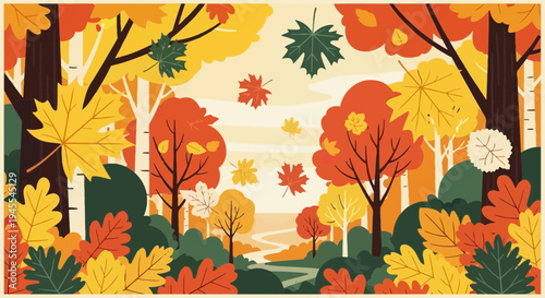 Vibrant Autumn Forest Scene with Falling Leaves and Winding Path