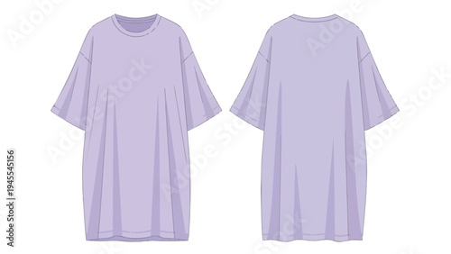Oversized lavender t-shirt dress flat sketch template for casual apparel design illustration