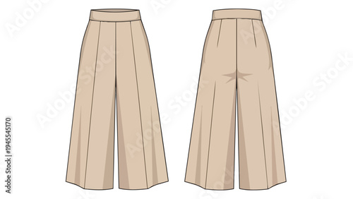 Fashion technical drawing of contemporary wide-leg trousers, front and back views, ideal for pattern making documentation