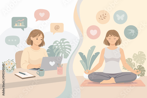 Flat vector illustration of a woman balancing remote work and personal wellness. Scene shows home office productivity with laptop and relaxing activities like yoga and self-care. Concept of work life 