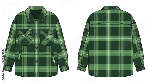 Technical flat illustration of a casual green plaid shacket, showcasing front and back views. Features chest pockets, side pockets. Ideal for
