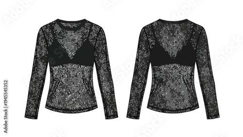 This image presents a sophisticated black sheer long-sleeved top showcasing a subtle geometric pattern and an integrated bra design perfect for