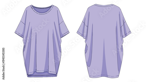 The image displays a relaxed lavender tunic design featuring an oversized silhouette and practical side pockets rendered with clean lines for
