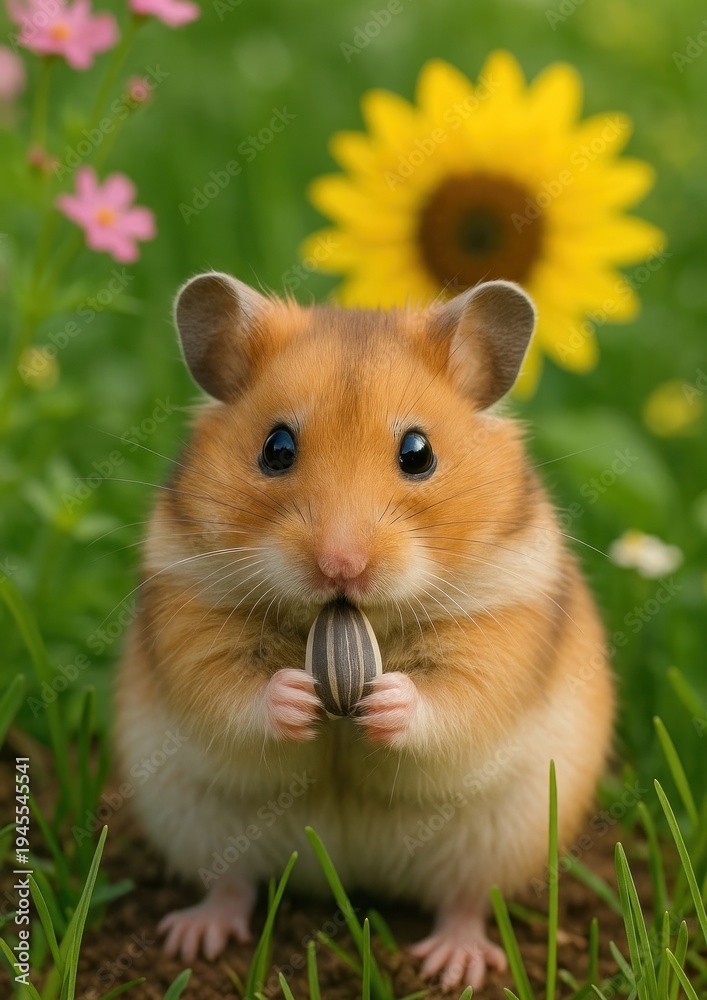 Fototapeta premium Cute hamster holding sunflower seed