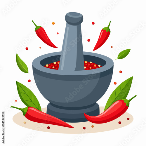 A vibrant illustration depicting a mortar and pestle surrounded by chili peppers and leaves and spices, captured from a frontal viewpoint against a clean white studio backdrop