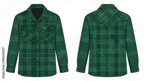 Flat vector illustration of a men's classic long-sleeved green plaid flannel shirt showcasing detailed front and back views for versatile design