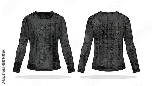 Digital camouflage long-sleeve shirt design template front and back views This modern dark pixelated pattern apparel mockup is perfect for