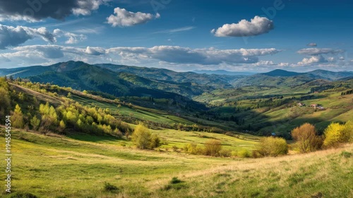 A breathtaking landscape showcases rolling green hills and vibrant valleys under a blue sky with fluffy clouds. The lush scenery highlights the beauty of nature in springtime.