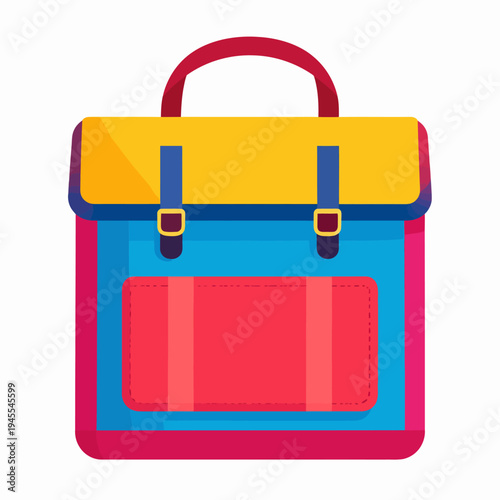 Front‑facing digital illustration displaying a colorful cartoon lunchbox satchel with blue body, yellow flap and red accents, positioned on a plain white backdrop in a minimalist studio setting