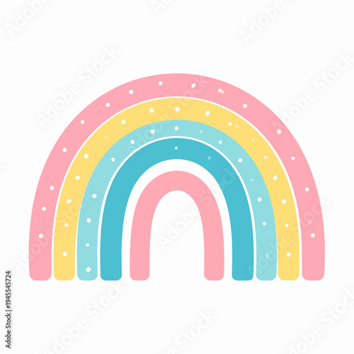 Playful illustration of a patterned rainbow displayed from a frontal viewpoint, featuring pink and teal bands with polka dot accents, captured in a clean graphic design setting