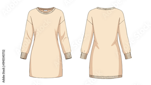 Cozy light beige long-sleeve knit dress fashion technical drawing showcasing front and back views with ribbed details perfect for casual apparel
