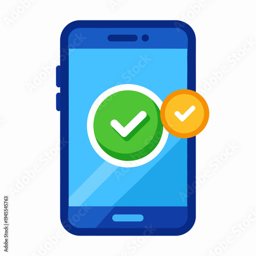 Close-up view of a blue smartphone displaying overlapping green and orange checkmarks on its screen, captured in a clean white studio setting from a frontal perspective
