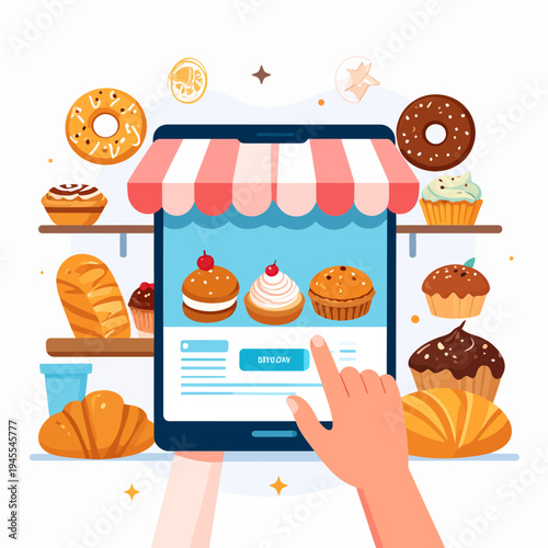 Close‑up view of a hand tapping a dark‑blue tablet displaying cupcakes on a bakery e‑commerce website, set on a white shelf under a pink striped awning with surrounding pastries