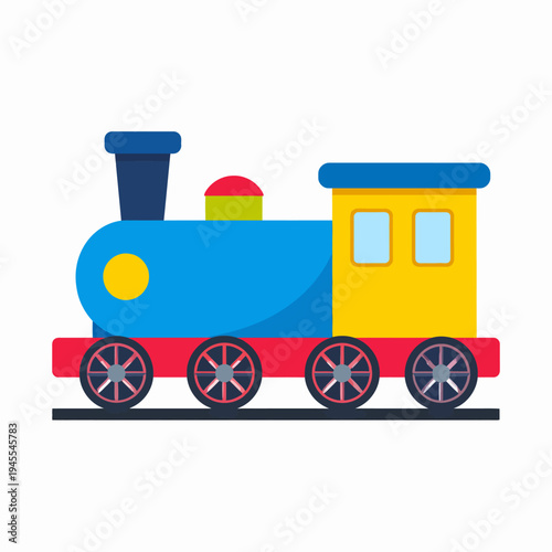 Cheerful cartoon train engine illustration moving on a track in a playful playroom setting, side view facing left, bright colorful design with blue body, yellow door, red base and details