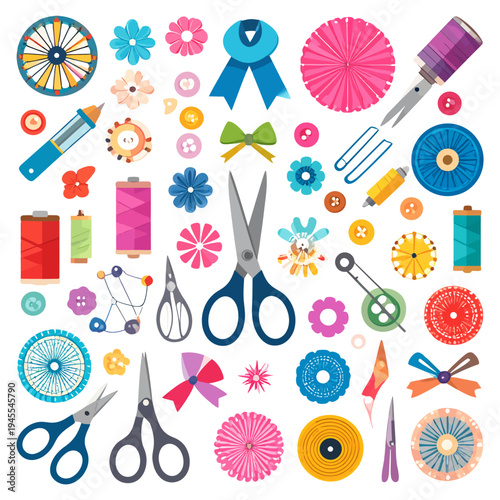 Colorful flat‑lay of scissors, thread spools, needles, pins, and ribbons scattered on a white studio surface, captured from a top view to showcase DIY crafting supplies in a playful creative setting