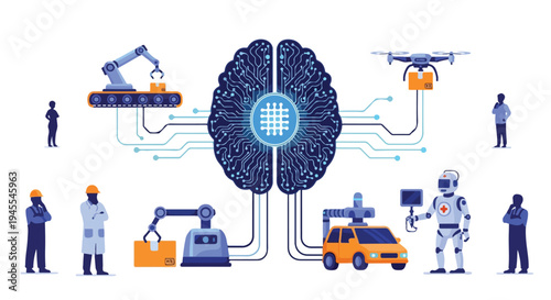 Flat 2D illustration of a brain with AI and automation concepts, featuring robots, drones, and workers in an industrial setting with a futuristic theme.