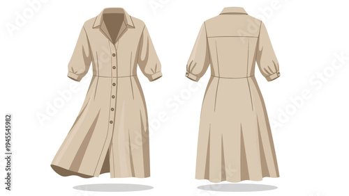 Elegant beige midi shirt dress vector illustration, showcasing both front and back views with detailed buttons, collar, and cinched waist design for