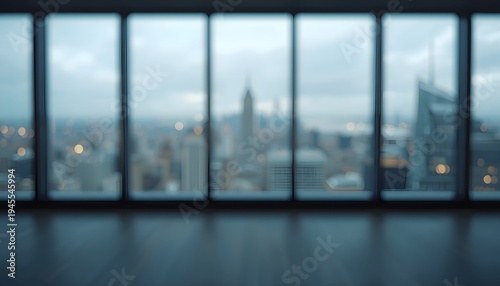 A blurred cityscape view through a row of windows in a modern urban building. Modern blurred background photo for banner, poster or magazine and website background.