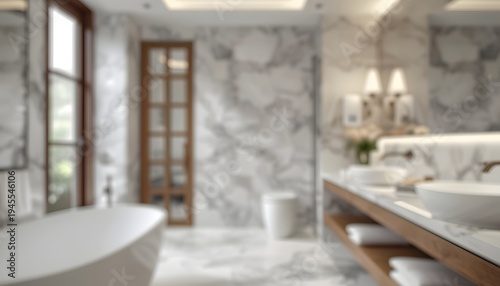 A luxurious modern bathroom with marble walls and a large bathtub. Modern blurred background photo for banner, poster or magazine and website background.
