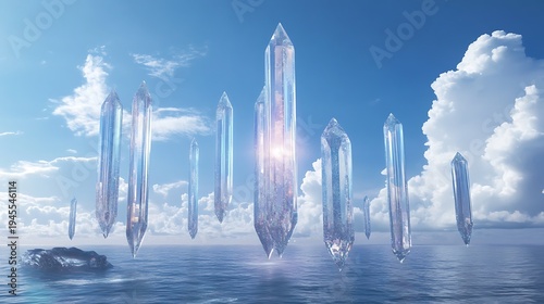 Floating crystal structures with water reflection under a blue sky
