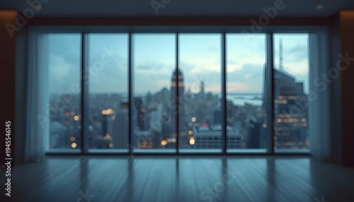 Blurred Luxury Condo Interior Panoramic Window City Skyline Blue Twilight Bokeh Background. Modern blurred background photo for banner, poster or magazine and website background.