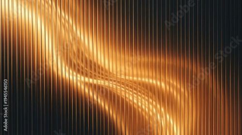 Abstract golden ribbed glass background with diagonal glowing waves and vertical ripple distortion forming modern digital design texture