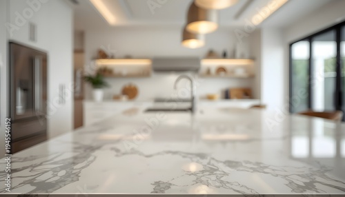 Blurred Luxury Kitchen Marble Countertop Open Plan White Interior Warm Bokeh Background. Modern blurred background photo for banner, poster or magazine and website background.