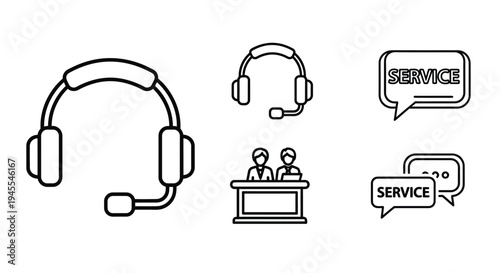 Vector graphic illustration of customer service icons with headsets and speech bubbles