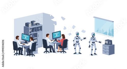Flat 2D illustration of office workers interacting with AI robots replacing some jobs in a modern workspace with a concept of automation.