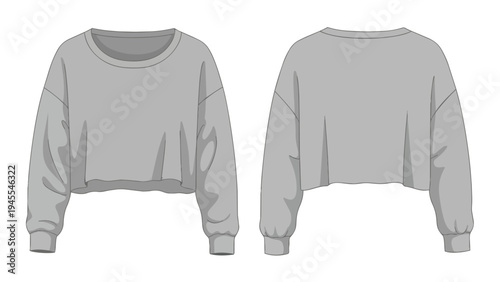 Contemporary casual gray cropped sweatshirt design template illustration with front and back views for fashion apparel development and detailed