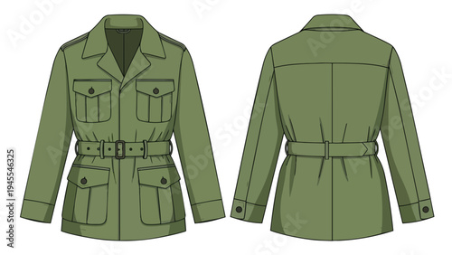 Flat sketch illustration of a versatile safari jacket design with multiple pockets and a belted waist