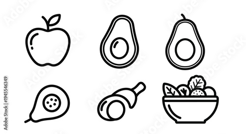 Vector graphic illustration of various fruits and food items in a simple line design style