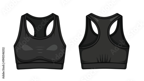 Essential black racerback sports bra flat technical drawing showcasing both front and back views ideal for athletic training yoga gym workouts for